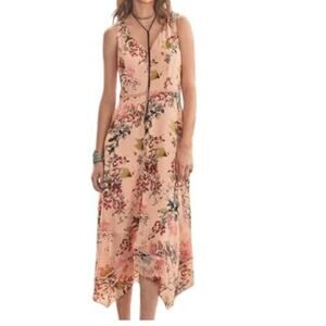 Sundance Floral Print V-Neckline Midi Dress Sleeveless Asymmetrical Hem